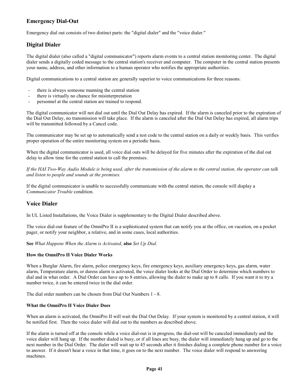 Emergency dial-out, Digital dialer, Voice dialer | How the omnipro ii voice dialer works, What the omnipro ii voice dialer does | Home Automation II User Manual | Page 49 / 90