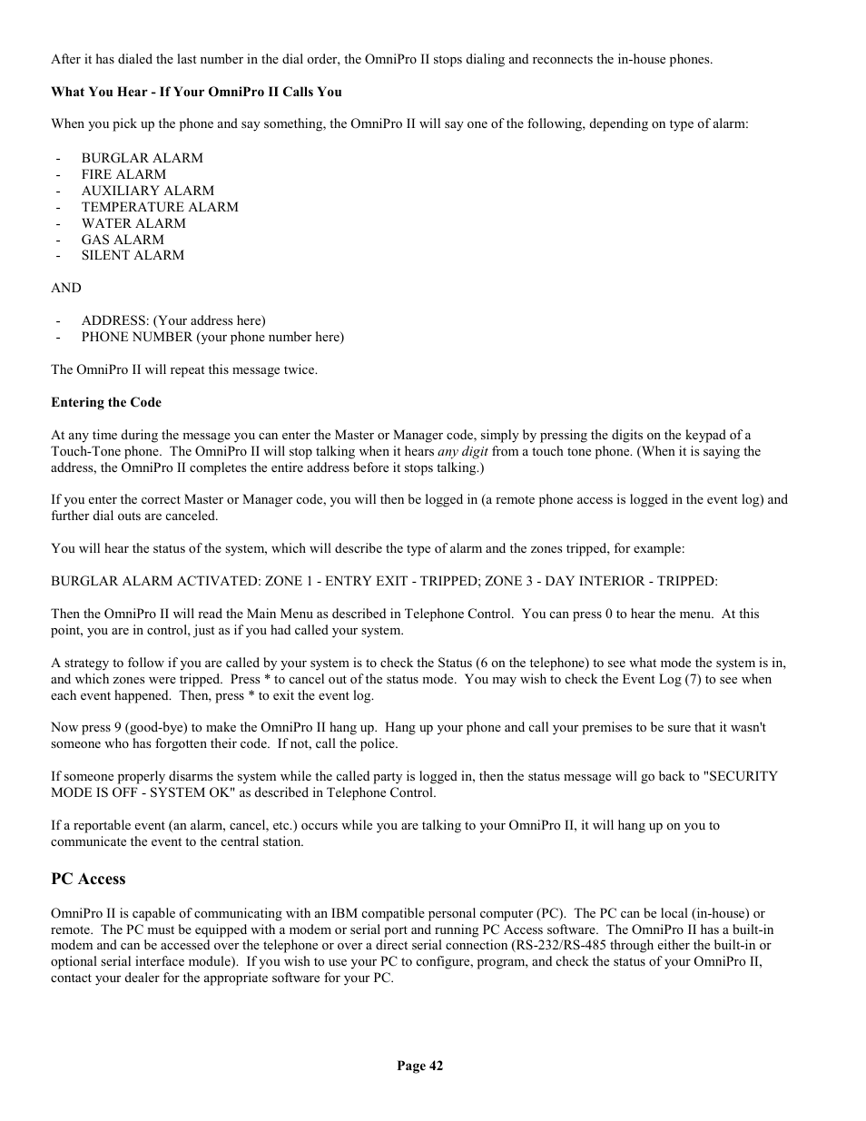What you hear - if your omnipro ii calls you, Entering the code, Pc access | Home Automation II User Manual | Page 50 / 90
