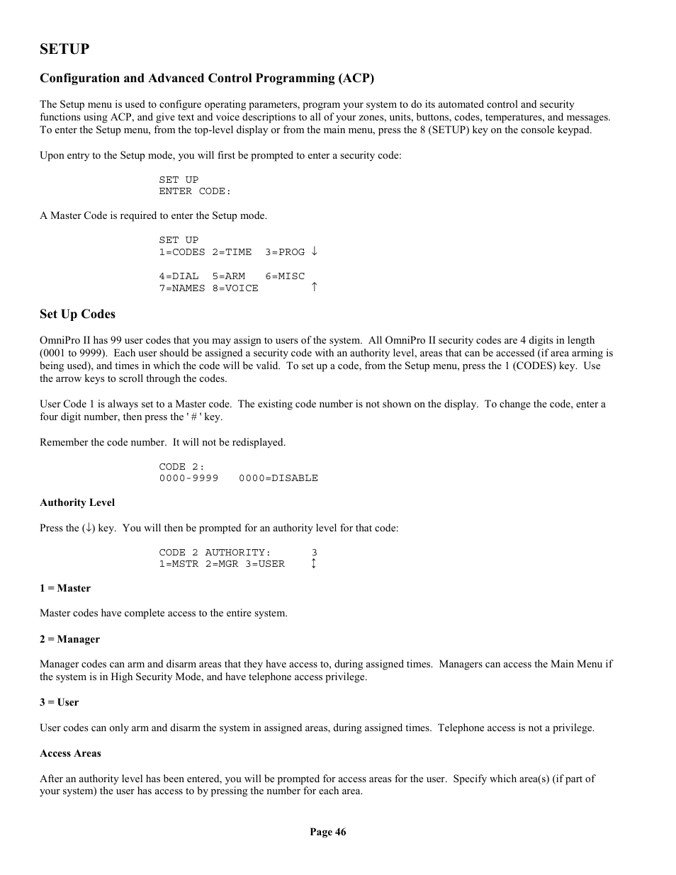 Setup, Set up codes, Authority level | 1 = master, 2 = manager, 3 = user, Access areas | Home Automation II User Manual | Page 54 / 90