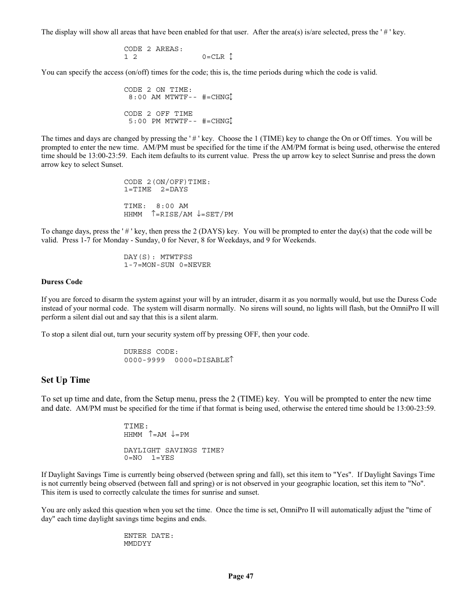 Duress code, Set up time | Home Automation II User Manual | Page 55 / 90