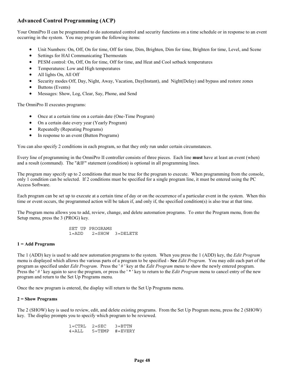 Advanced control programming (acp), 1 = add programs, 2 = show programs | Home Automation II User Manual | Page 56 / 90