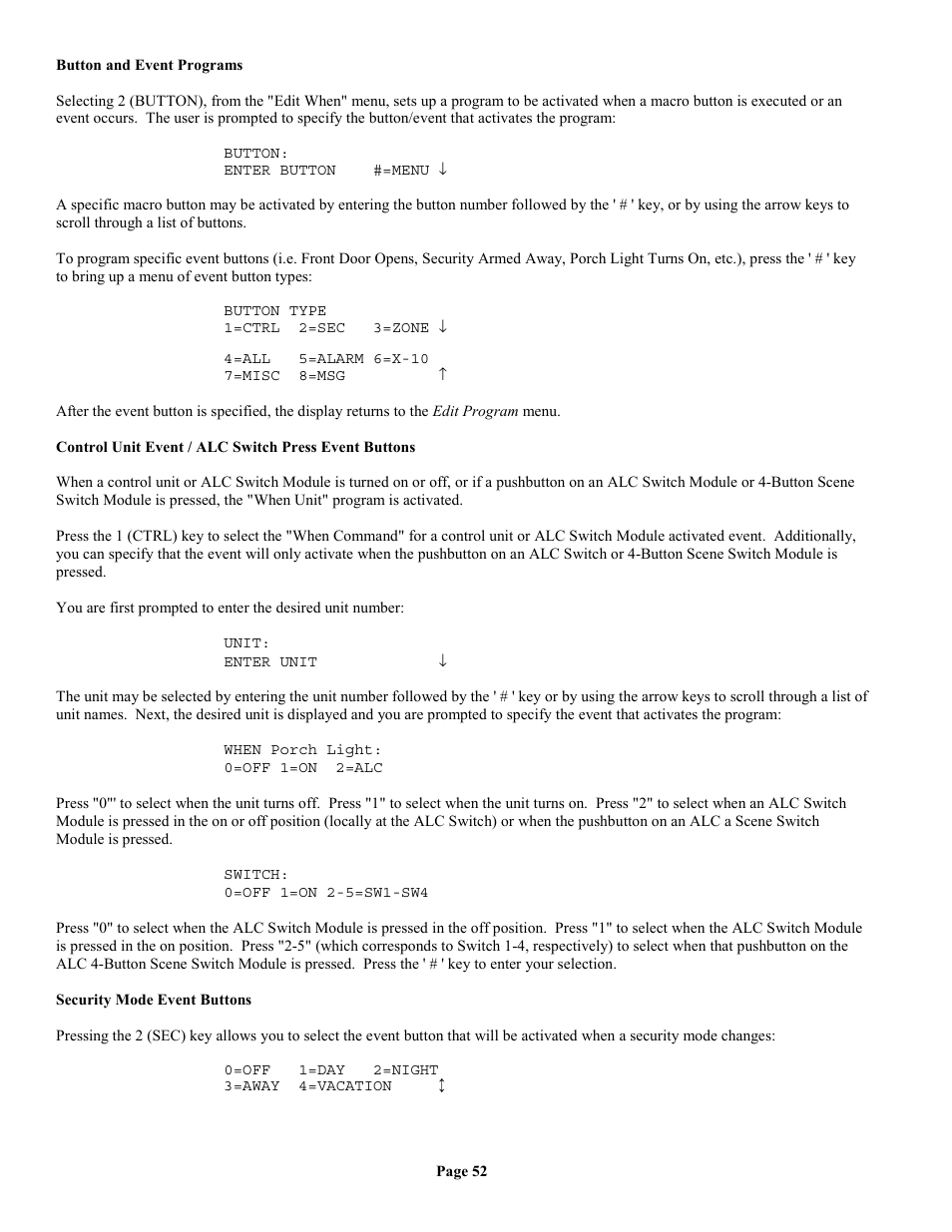 Button and event programs, Security mode event buttons | Home Automation II User Manual | Page 60 / 90
