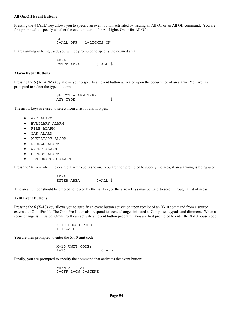 All on/off event buttons, Alarm event buttons, X-10 event buttons | Home Automation II User Manual | Page 62 / 90
