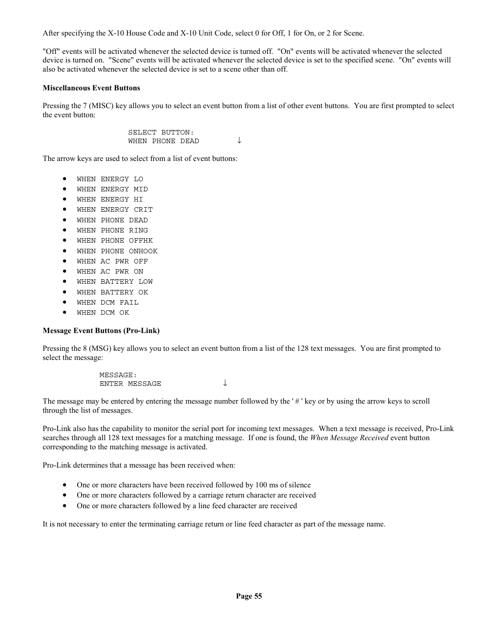 Miscellaneous event buttons, Message event buttons (pro-link) | Home Automation II User Manual | Page 63 / 90