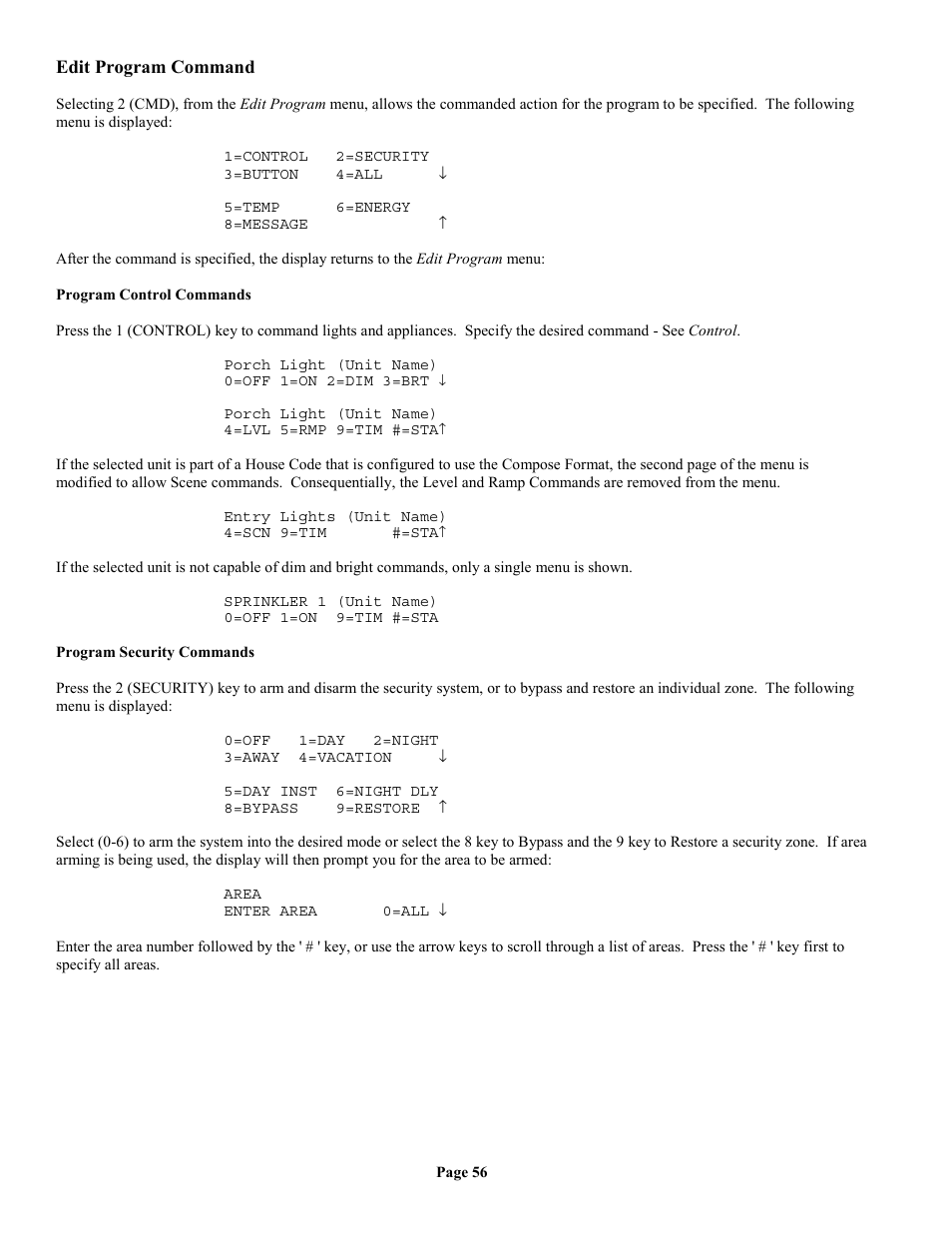 Edit program command, Program control commands, Program security commands | Home Automation II User Manual | Page 64 / 90