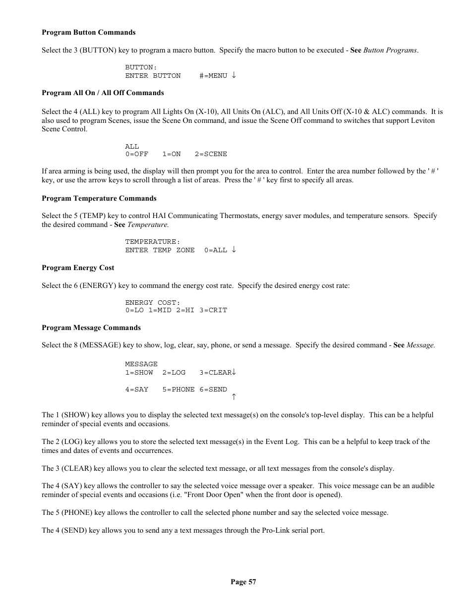 Program button commands, Program all on / all off commands, Program temperature commands | Program energy cost, Program message commands | Home Automation II User Manual | Page 65 / 90