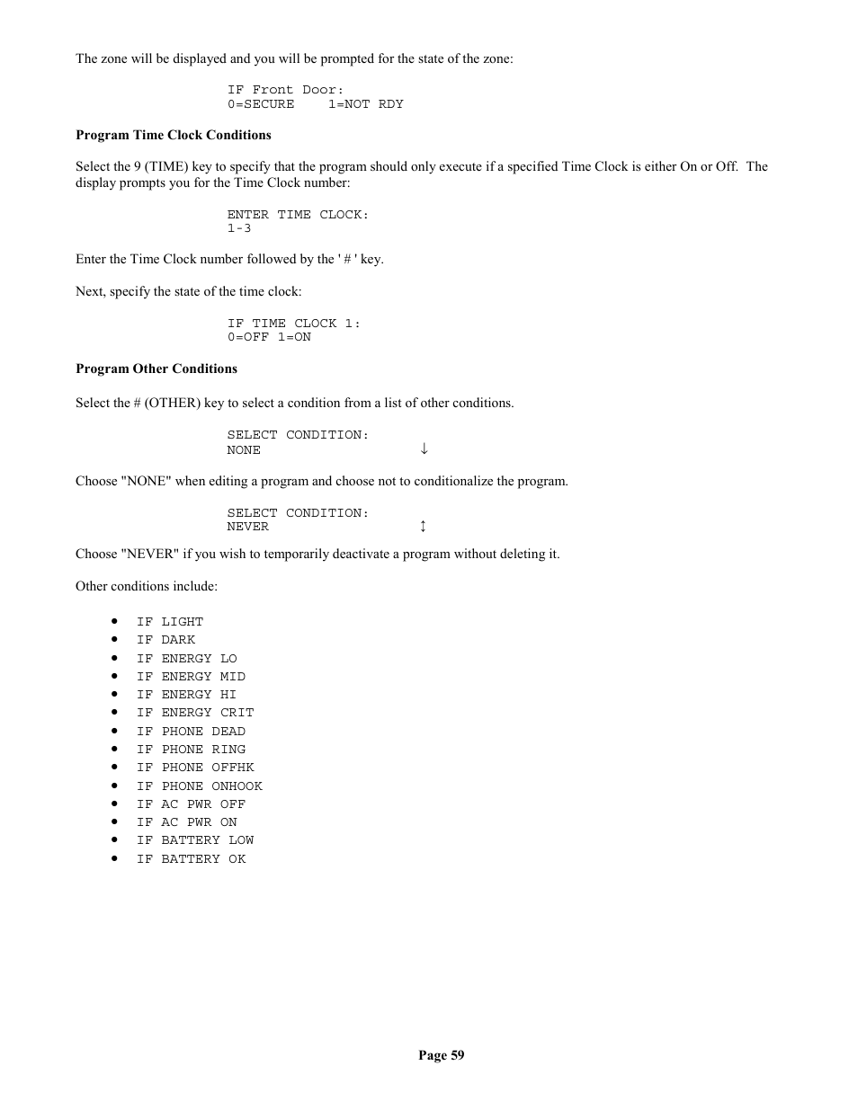 Program time clock conditions, Program other conditions | Home Automation II User Manual | Page 67 / 90
