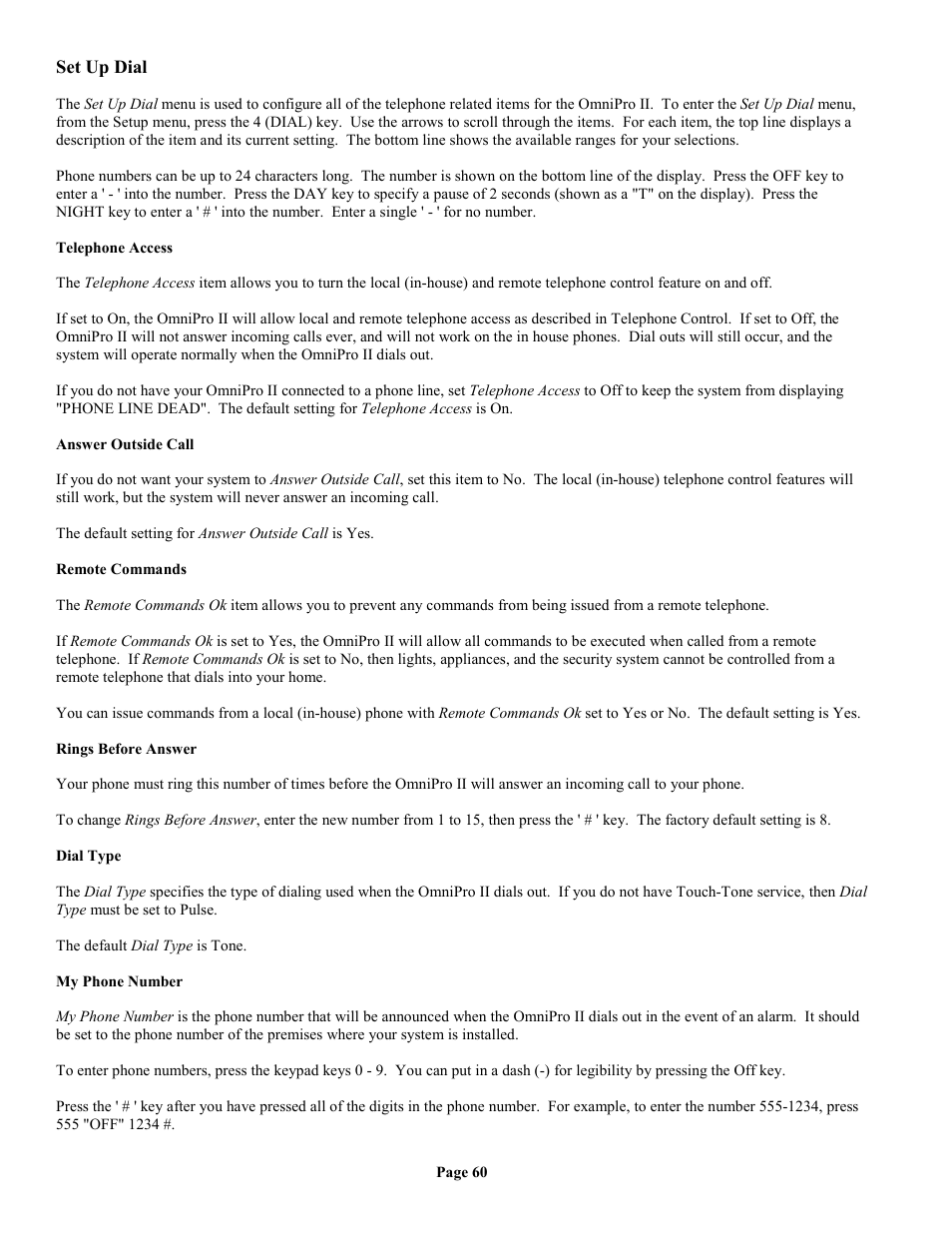 Set up dial, Telephone access, Answer outside call | Remote commands, Rings before answer, Dial type, My phone number | Home Automation II User Manual | Page 68 / 90