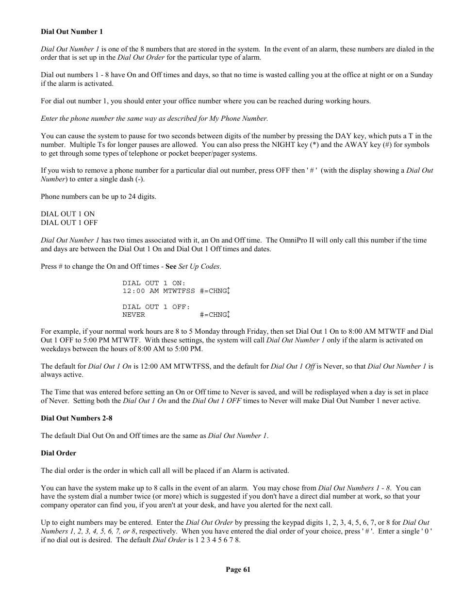 Dial out number 1, Dial out numbers 2-8, Dial order | Home Automation II User Manual | Page 69 / 90