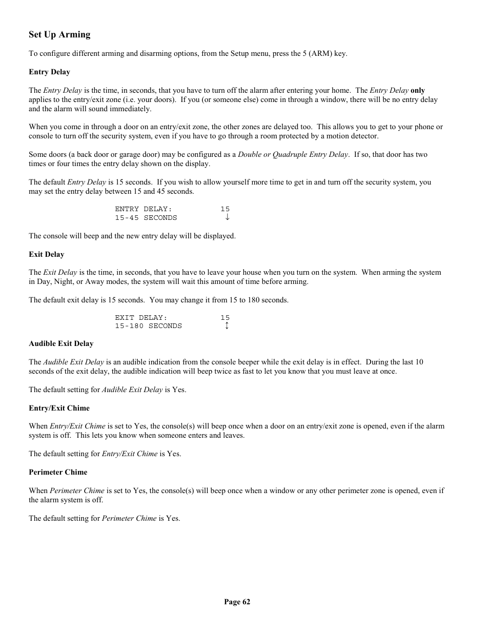 Set up arming, Entry delay, Exit delay | Audible exit delay, Entry/exit chime, Perimeter chime | Home Automation II User Manual | Page 70 / 90