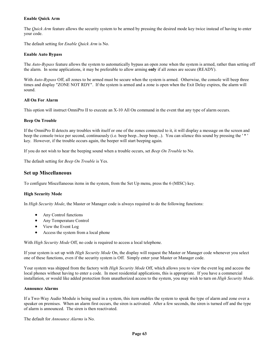 Enable quick arm, Enable auto bypass, All on for alarm | Beep on trouble, Set up miscellaneous, High security mode, Announce alarms | Home Automation II User Manual | Page 71 / 90