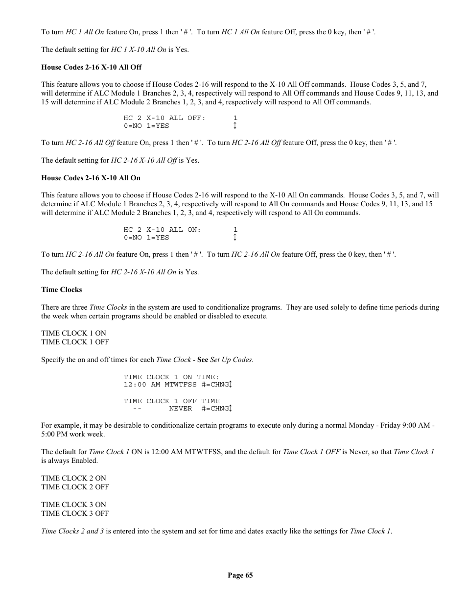 House codes 2-16 x-10 all off, House codes 2-16 x-10 all on, Time clocks | Home Automation II User Manual | Page 73 / 90