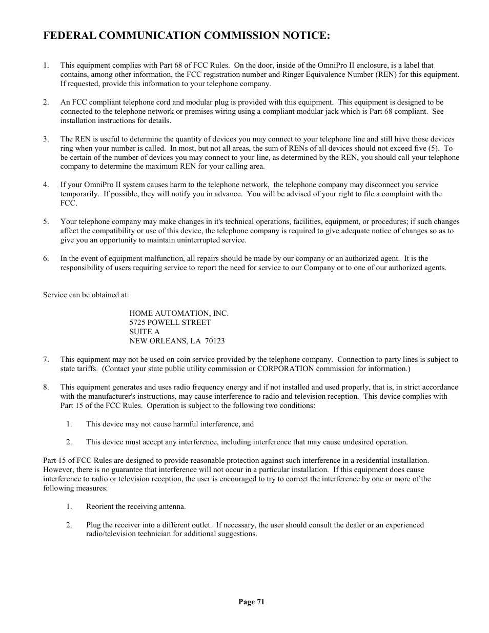 Federal communication commission notice | Home Automation II User Manual | Page 79 / 90