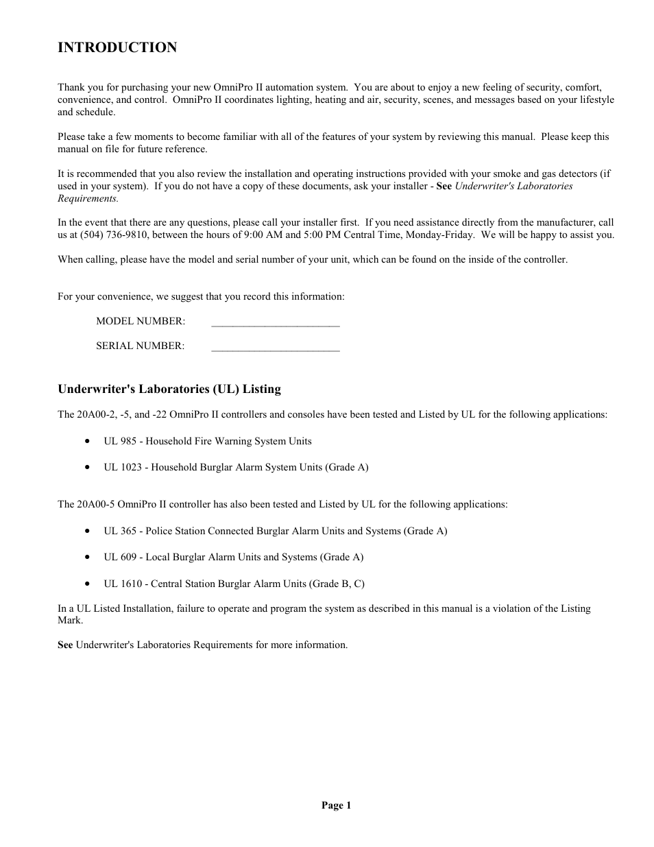 Introduction, Underwriter's laboratories (ul) listing | Home Automation II User Manual | Page 9 / 90