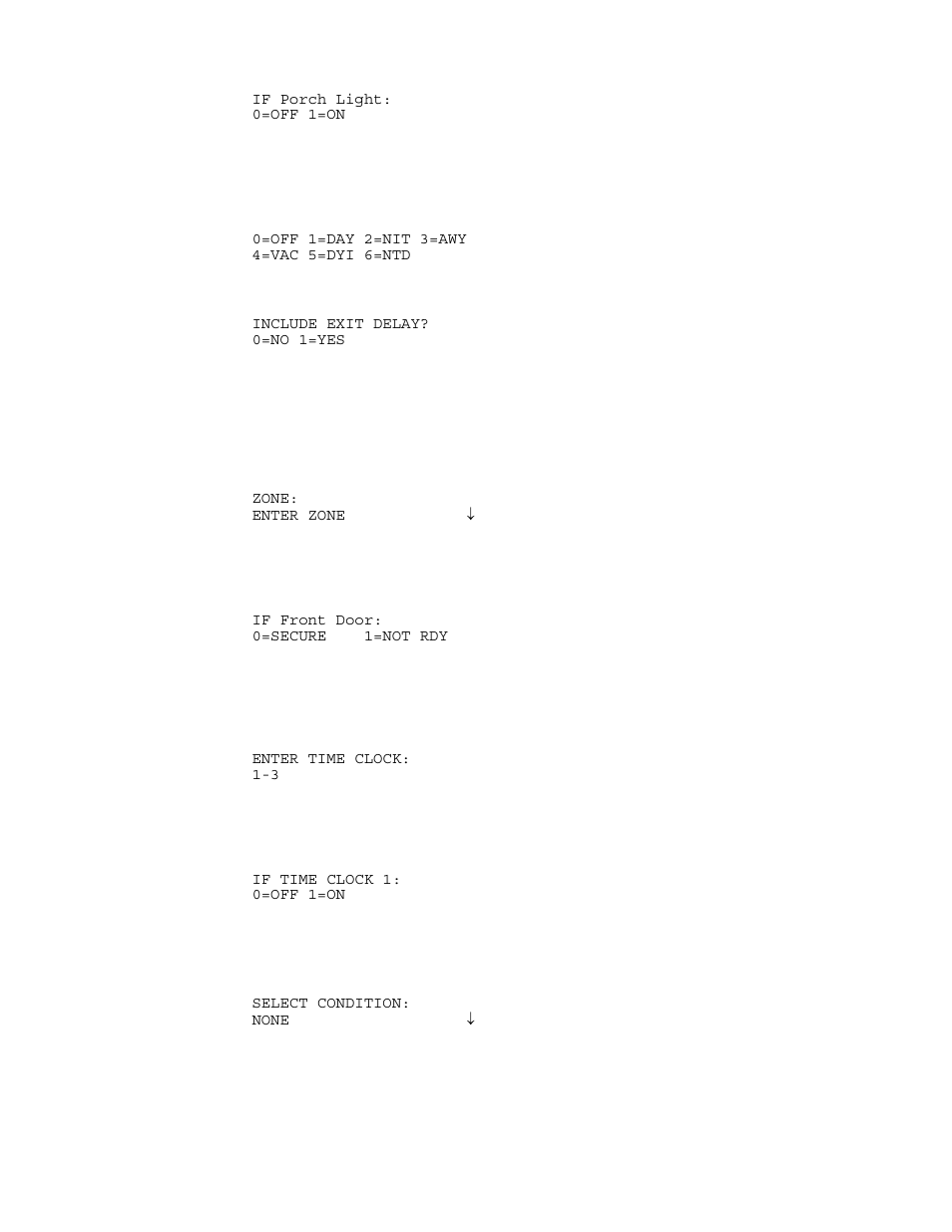 Program security mode conditions, Program zone conditions, Program time clock conditions | Program other conditions | Home Automation HOME AUTOMATION User Manual | Page 75 / 98