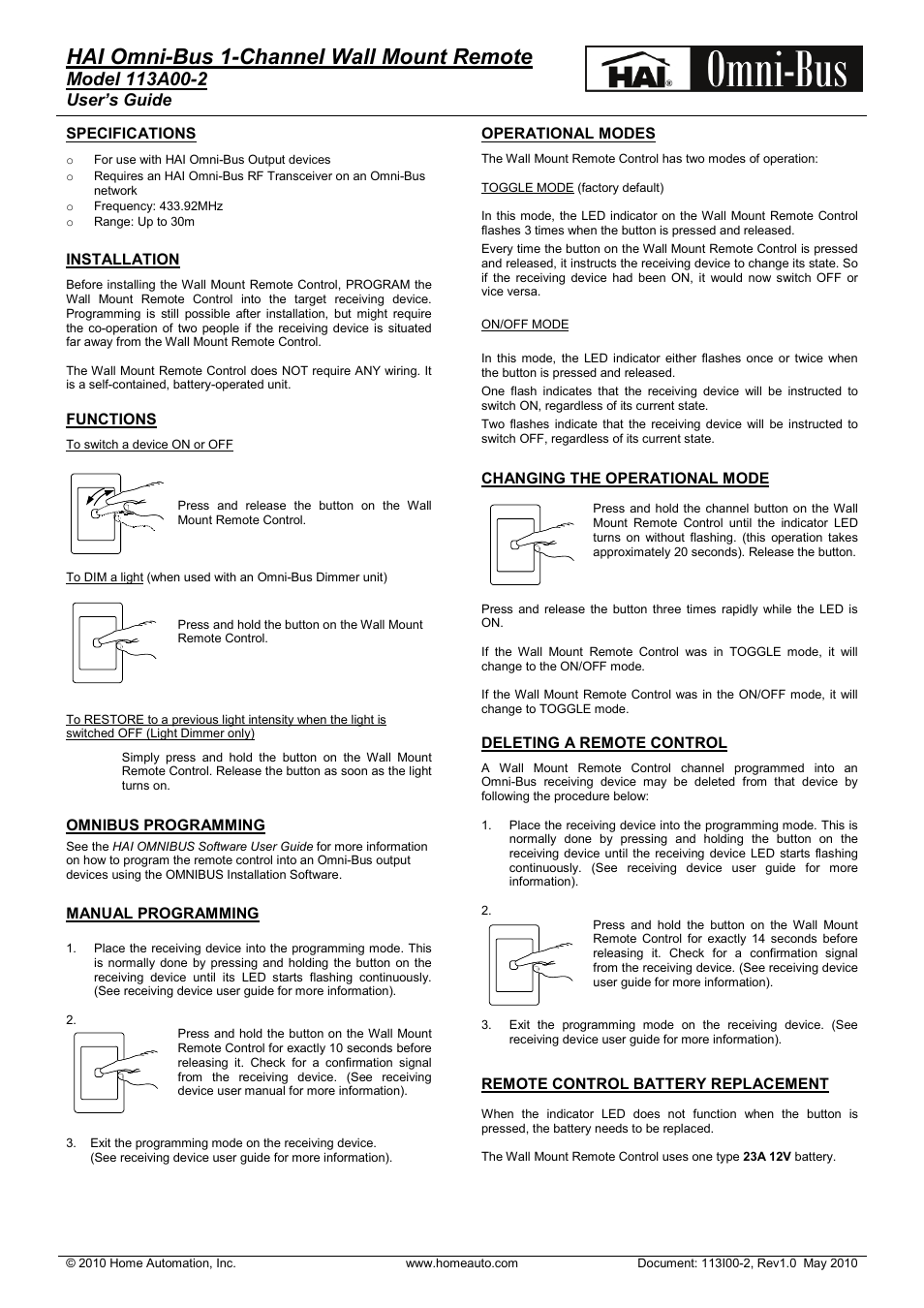Home Automation 113A00-2 User Manual | 1 page