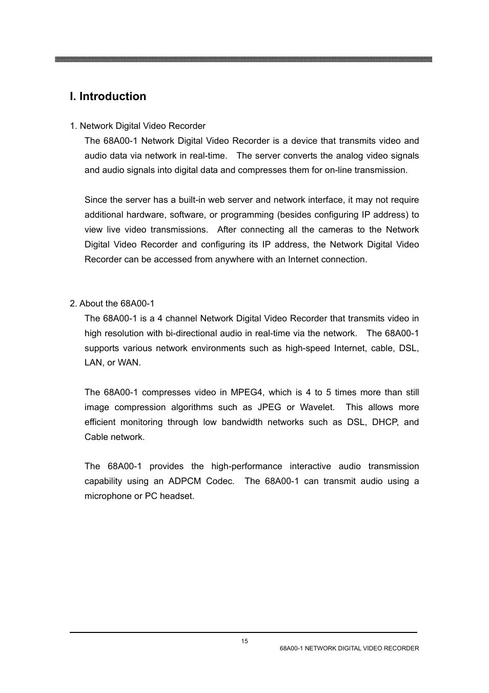 Network digital video recorder, About the 68a00-1, I. introduction | Home Automation 68A00-1 User Manual | Page 17 / 67