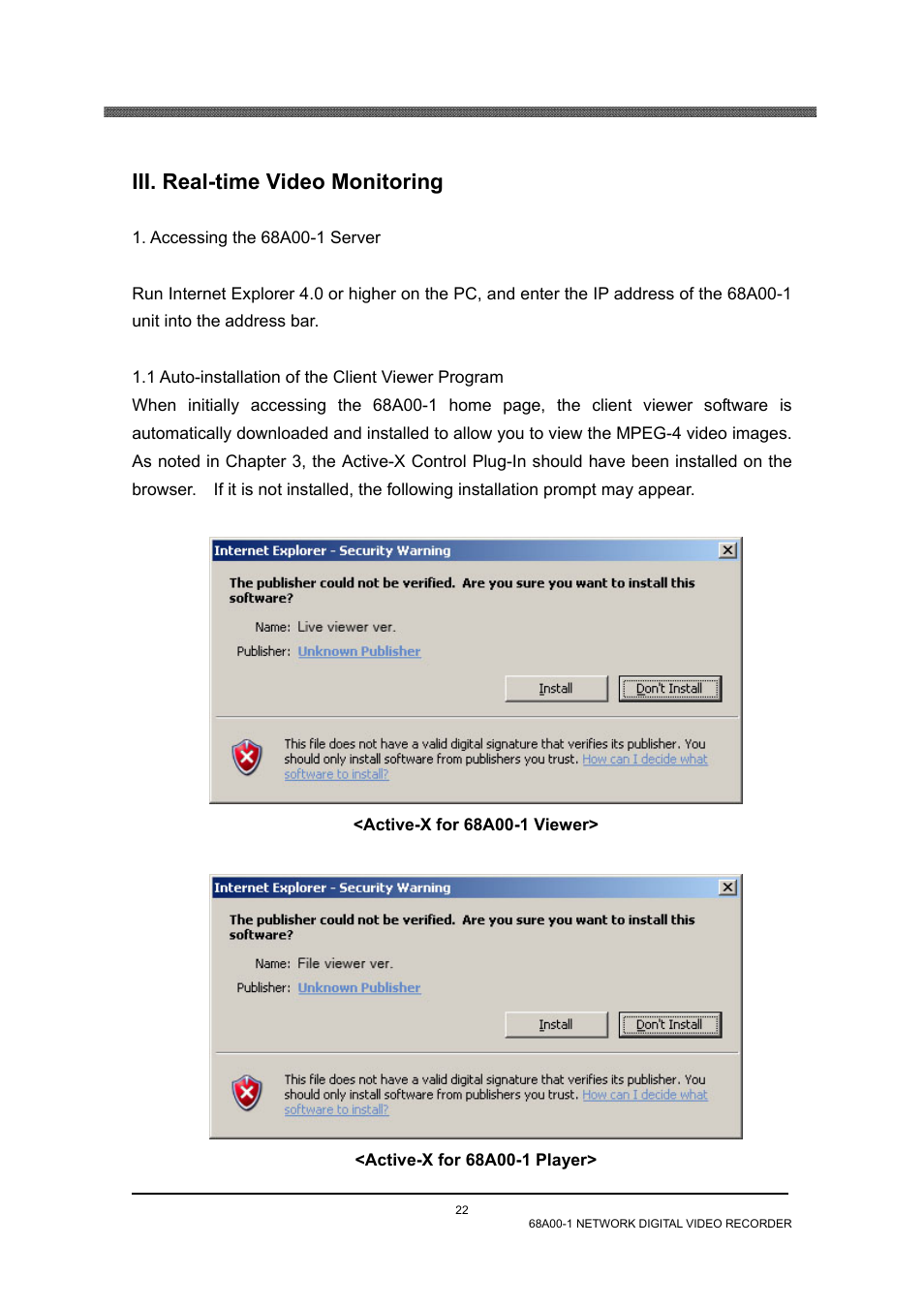 Iii. real-time video monitoring, Accessing the 68a00-1 server, 1 auto-installation of the client viewer program | Home Automation 68A00-1 User Manual | Page 24 / 67