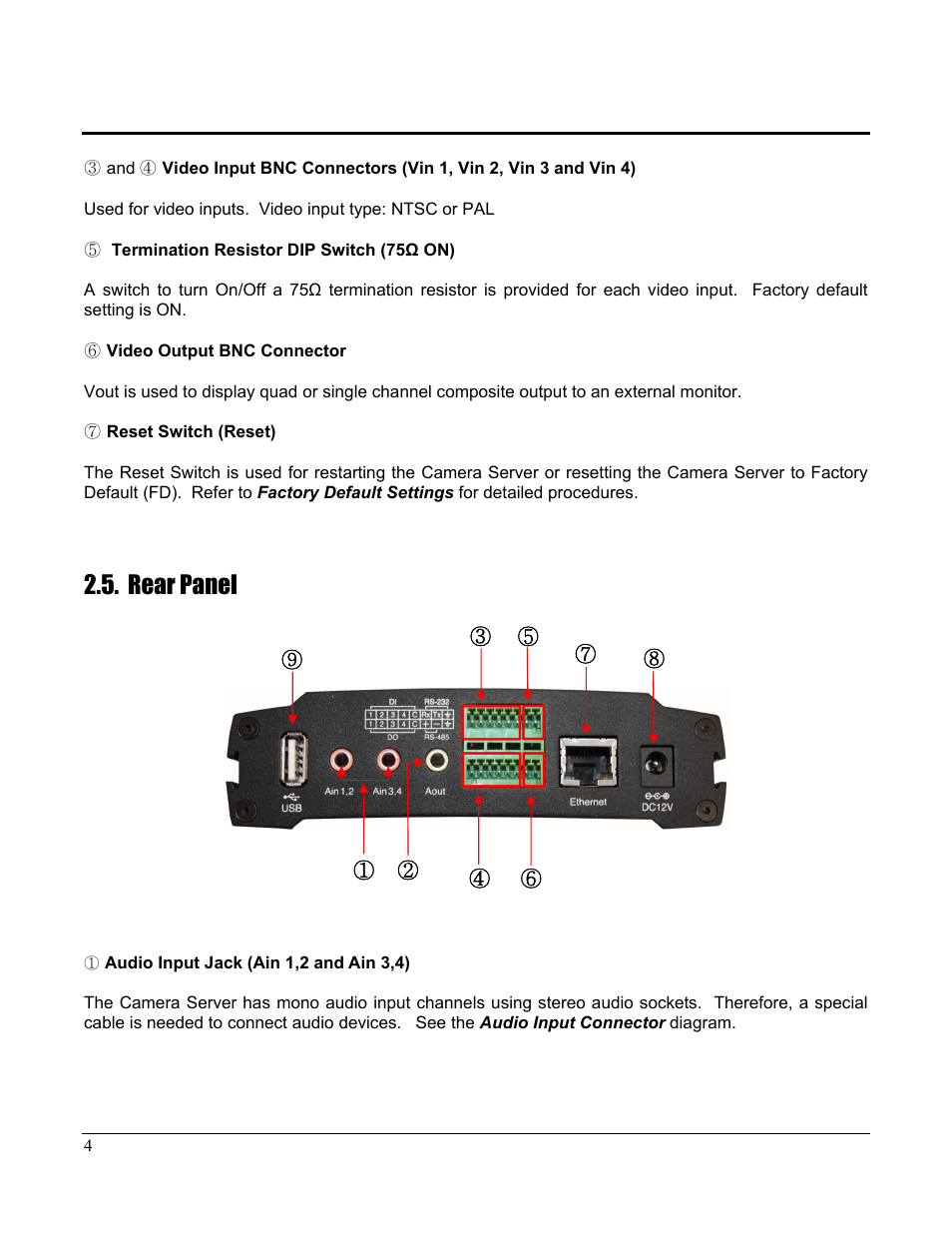 Rear panel | Home Automation CAMERA SERVER 87A00-1 User Manual | Page 10 / 59
