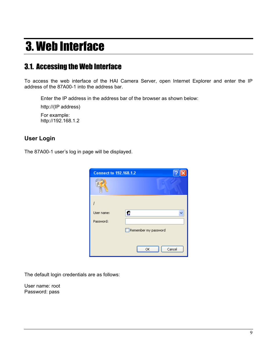 User login, Web interface, Accessing the web interface | Home Automation CAMERA SERVER 87A00-1 User Manual | Page 15 / 59
