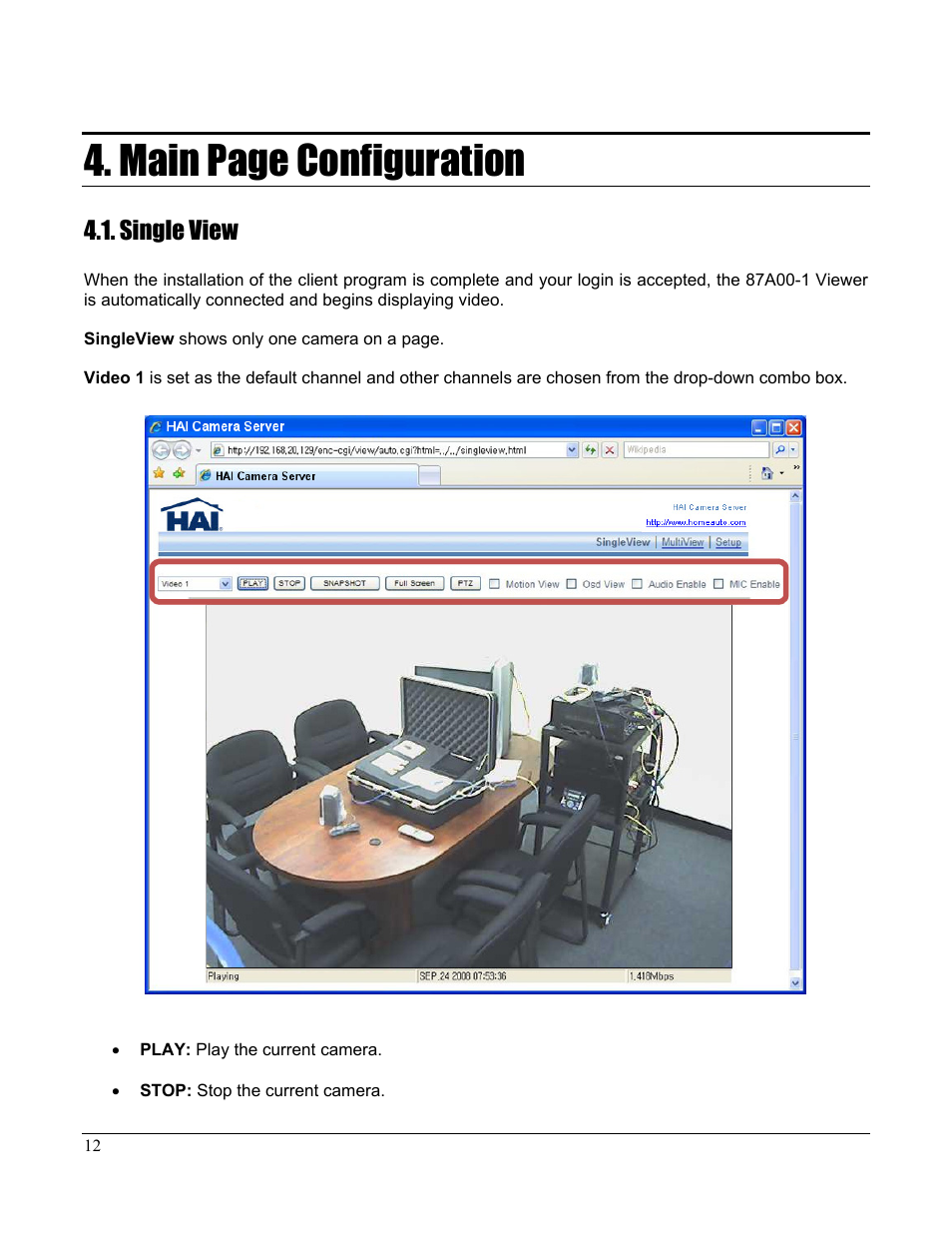 Main page configuration, Single view | Home Automation CAMERA SERVER 87A00-1 User Manual | Page 18 / 59