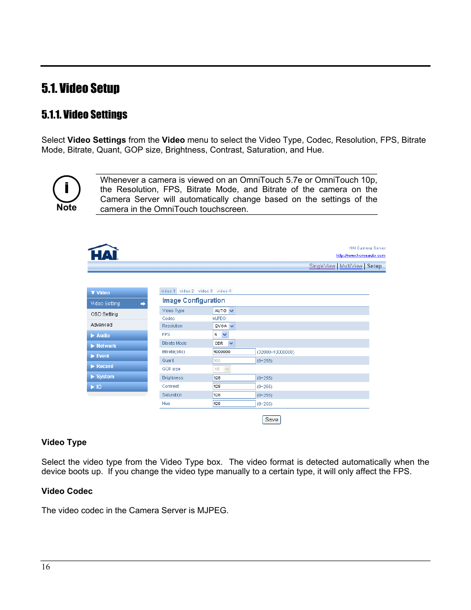 Video setup | Home Automation CAMERA SERVER 87A00-1 User Manual | Page 22 / 59