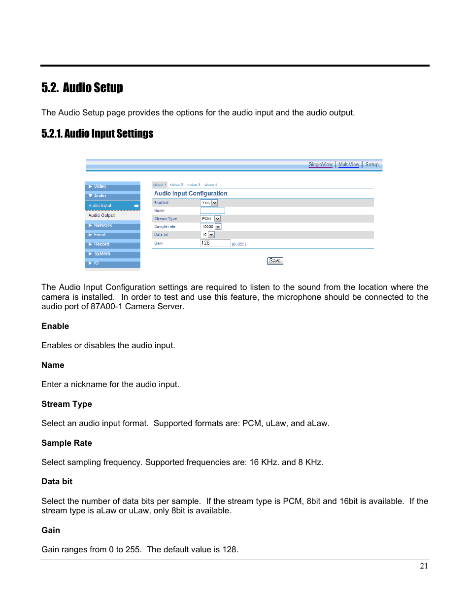 Audio setup | Home Automation CAMERA SERVER 87A00-1 User Manual | Page 27 / 59