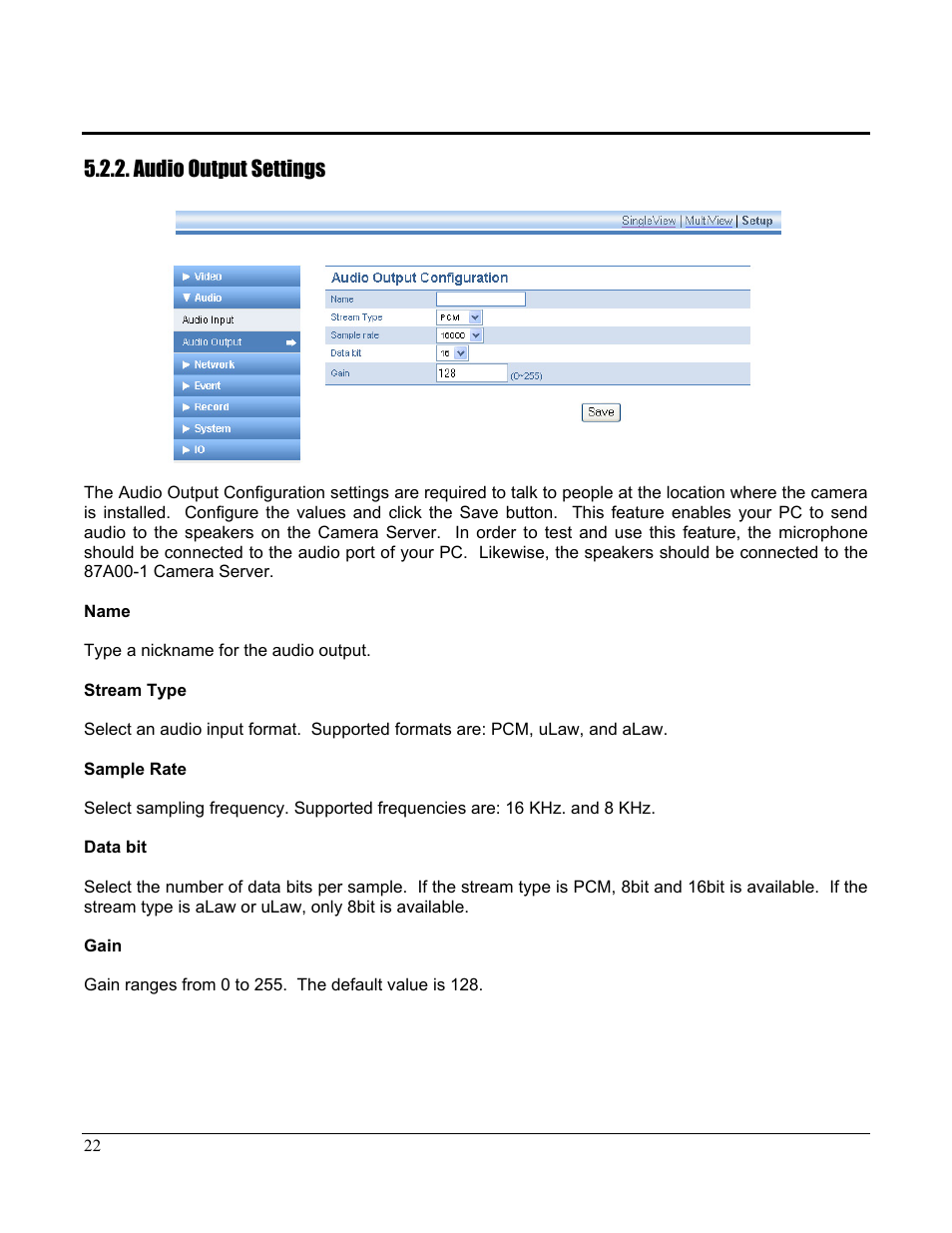 Audio output settings | Home Automation CAMERA SERVER 87A00-1 User Manual | Page 28 / 59