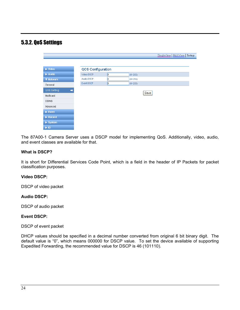 Qos settings | Home Automation CAMERA SERVER 87A00-1 User Manual | Page 30 / 59