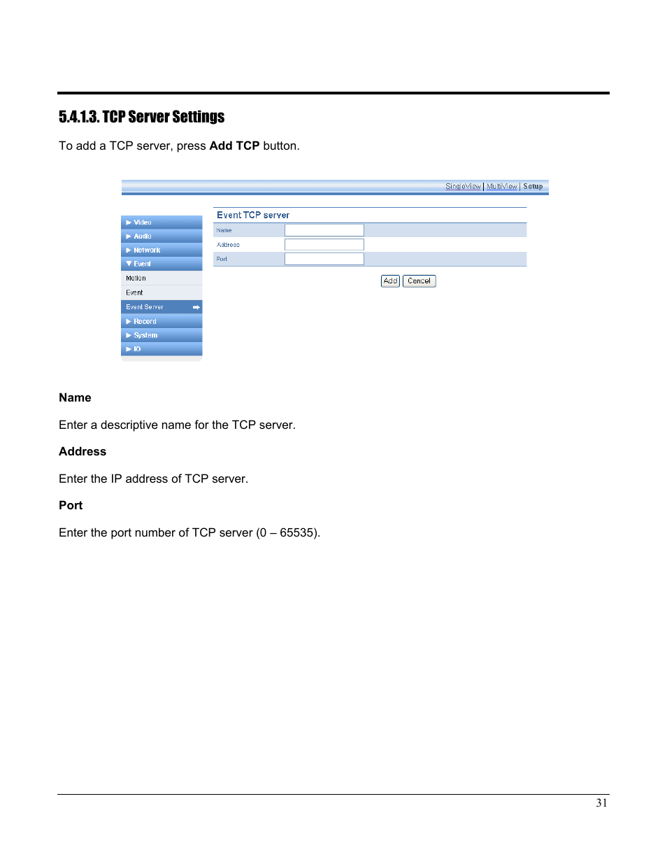 Tcp server settings | Home Automation CAMERA SERVER 87A00-1 User Manual | Page 37 / 59