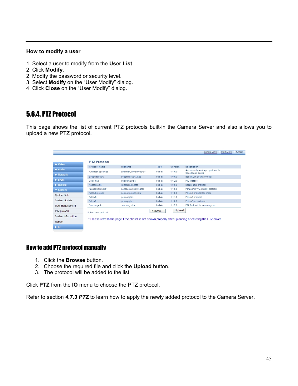 Ptz protocol | Home Automation CAMERA SERVER 87A00-1 User Manual | Page 51 / 59