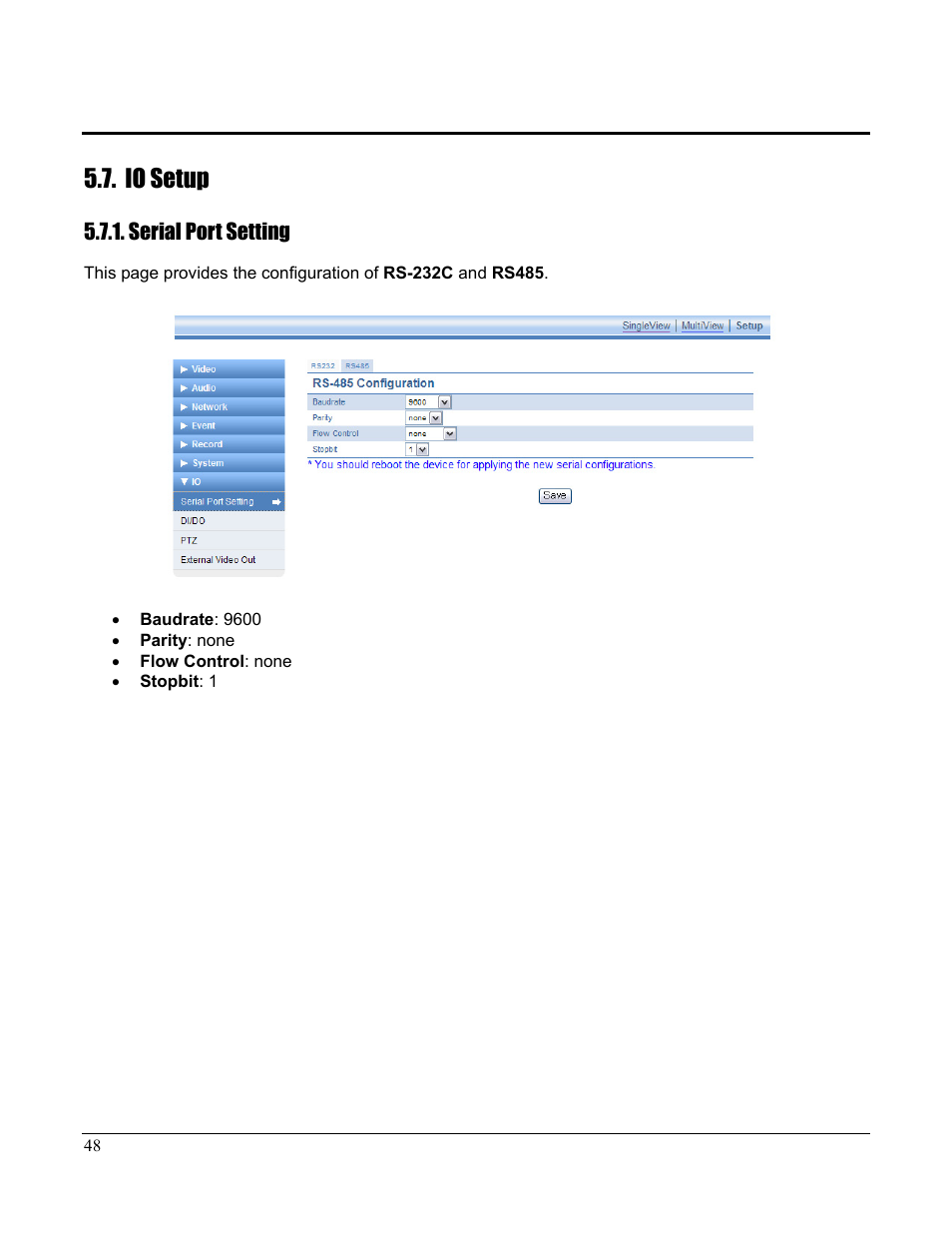 Io setup, Serial port setting | Home Automation CAMERA SERVER 87A00-1 User Manual | Page 54 / 59