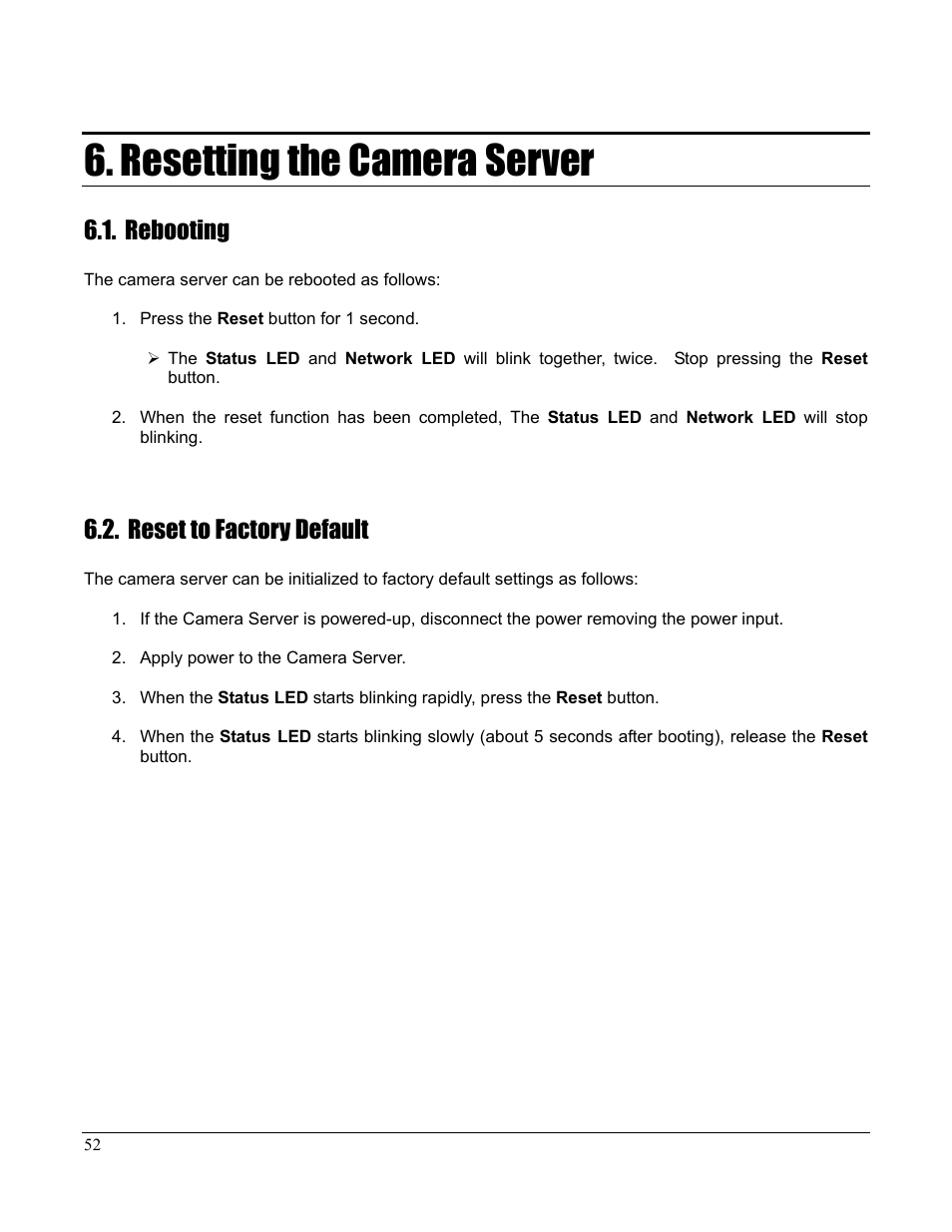 Resetting the camera server, Rebooting, Reset to factory default | Home Automation CAMERA SERVER 87A00-1 User Manual | Page 58 / 59