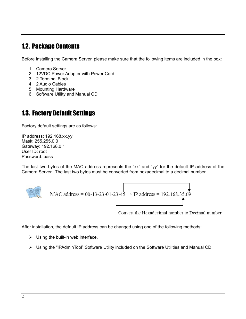 Package contents, Factory default settings | Home Automation CAMERA SERVER 87A00-1 User Manual | Page 8 / 59