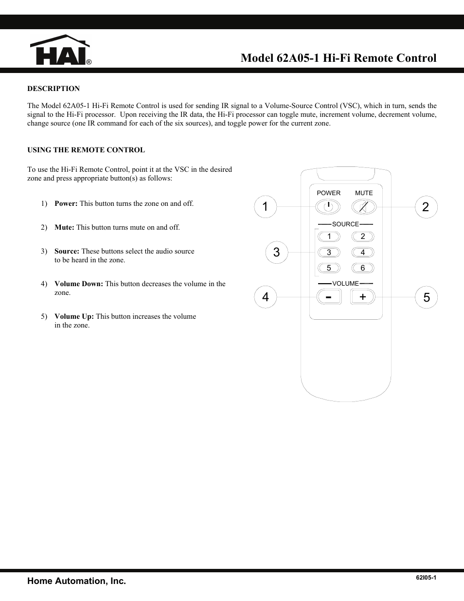 Home Automation 62A05-1 User Manual | 1 page
