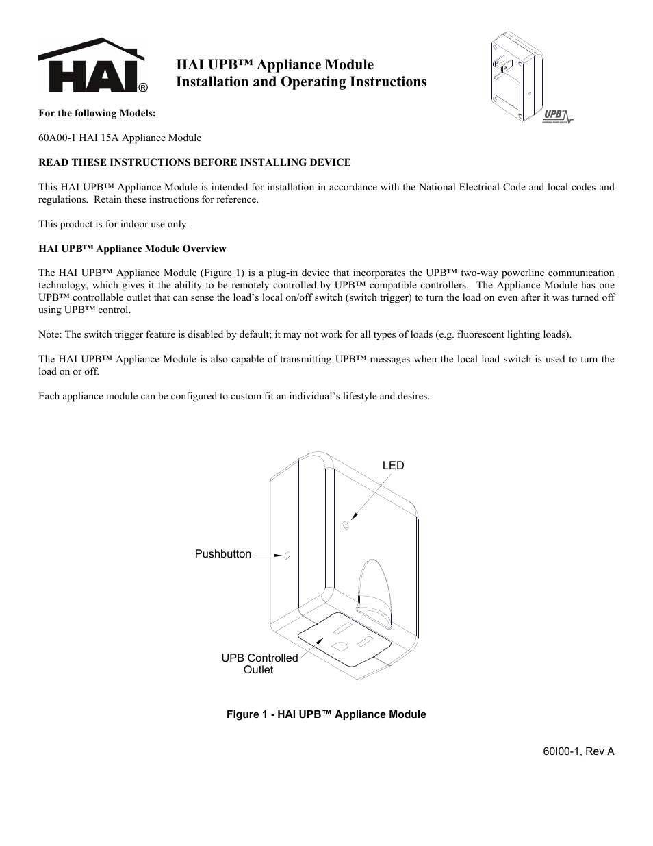 Home Automation UPB 60A00-1 HAI 15A User Manual | 3 pages