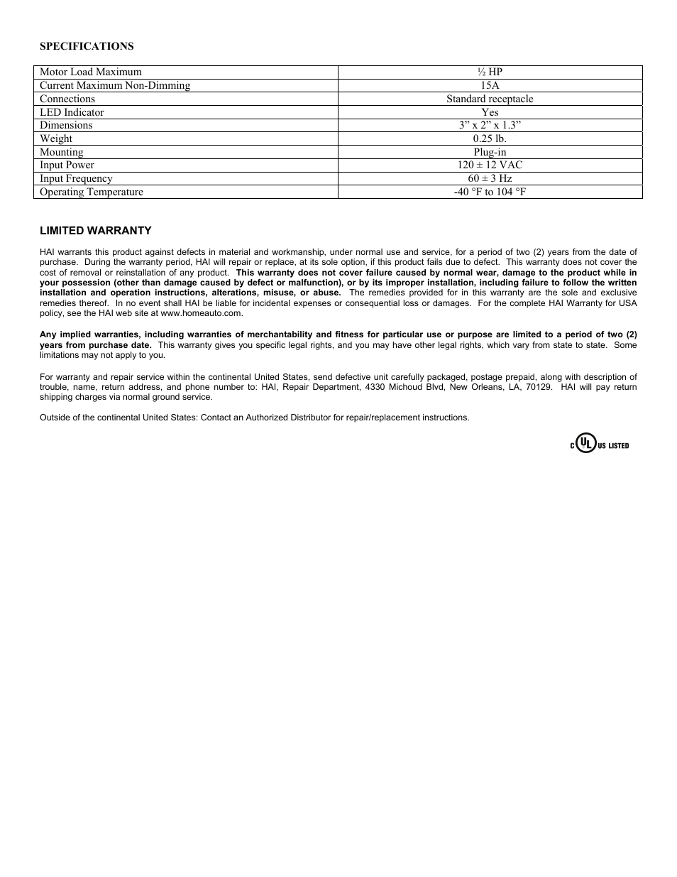 Home Automation UPB 60A00-1 HAI 15A User Manual | Page 3 / 3