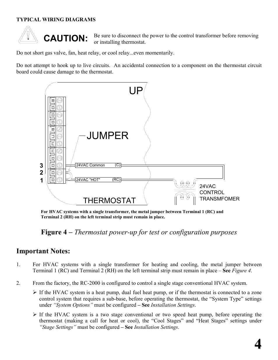 Up jumper, Caution, Thermostat | Home Automation RC-2000 User Manual | Page 4 / 24