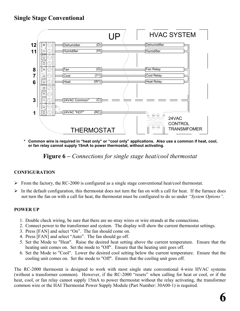 Hvac system thermostat, Single stage conventional | Home Automation RC-2000 User Manual | Page 6 / 24
