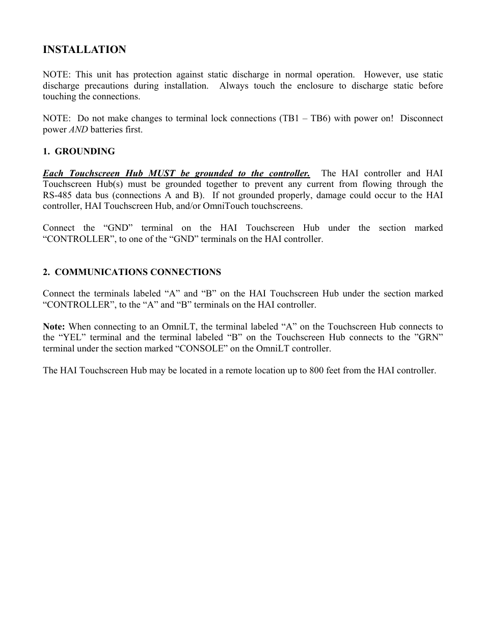 Installation, Communications connections | Home Automation Touchscreen Hub 32A30 User Manual | Page 4 / 12