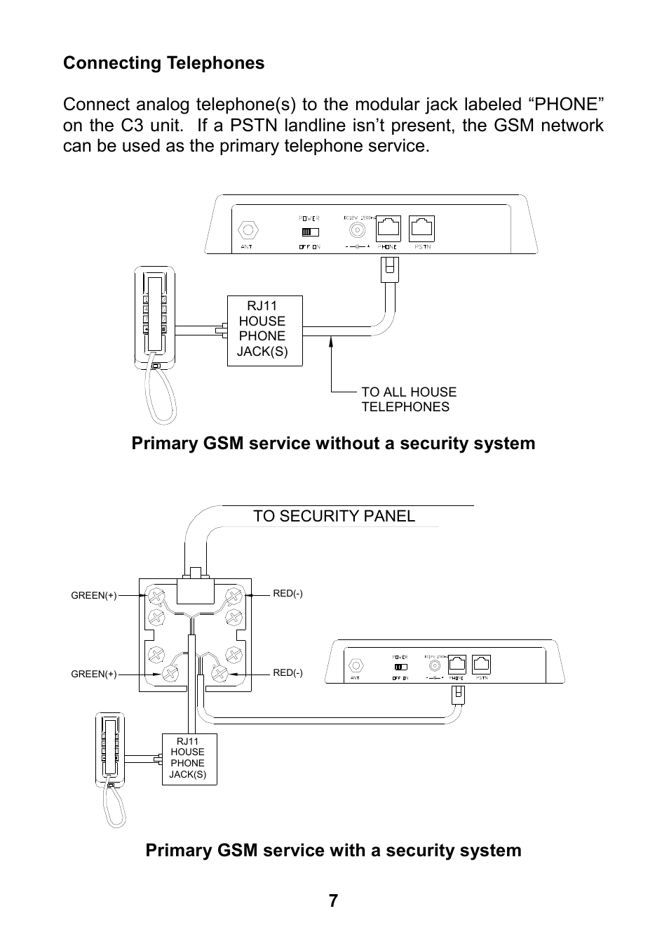 Connecting telephones, Primary gsm service without a security system, Primary gsm service with a security system 7 | Home Automation 70A00-1 User Manual | Page 11 / 20