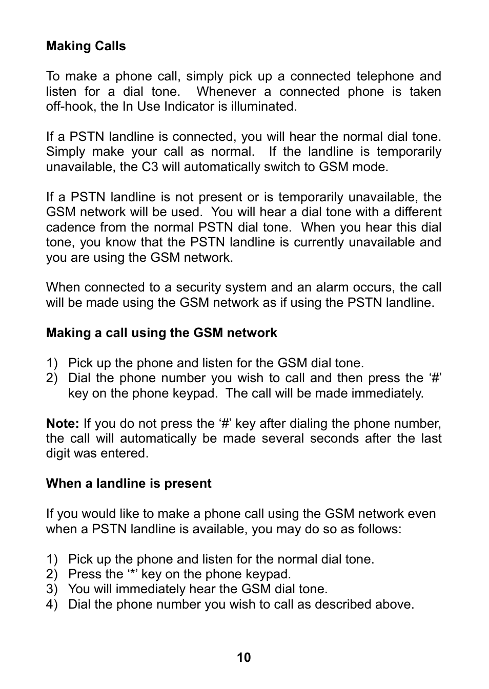 Making calls, Making a call using the gsm network, When a landline is present | Home Automation 70A00-1 User Manual | Page 14 / 20