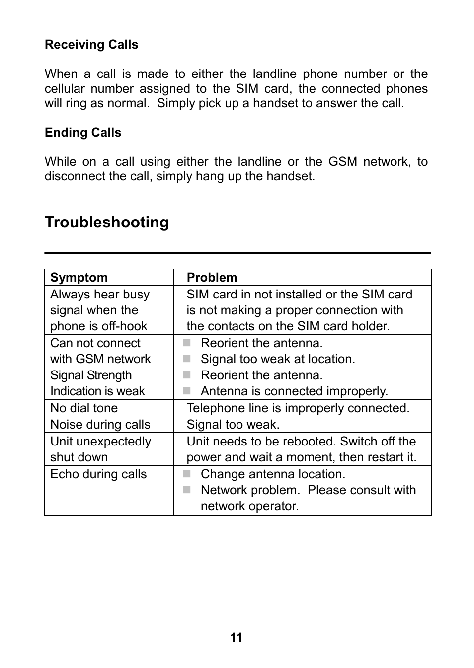 Receiving calls, Ending calls, Troubleshooting | Home Automation 70A00-1 User Manual | Page 15 / 20