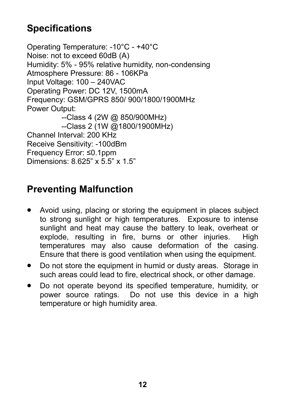 Specifications, Preventing malfunction | Home Automation 70A00-1 User Manual | Page 16 / 20