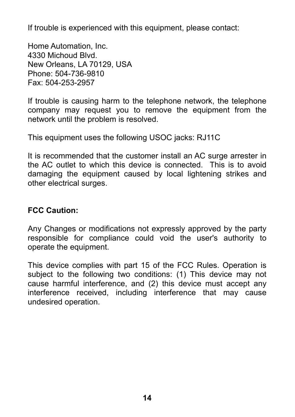 Fcc caution | Home Automation 70A00-1 User Manual | Page 18 / 20