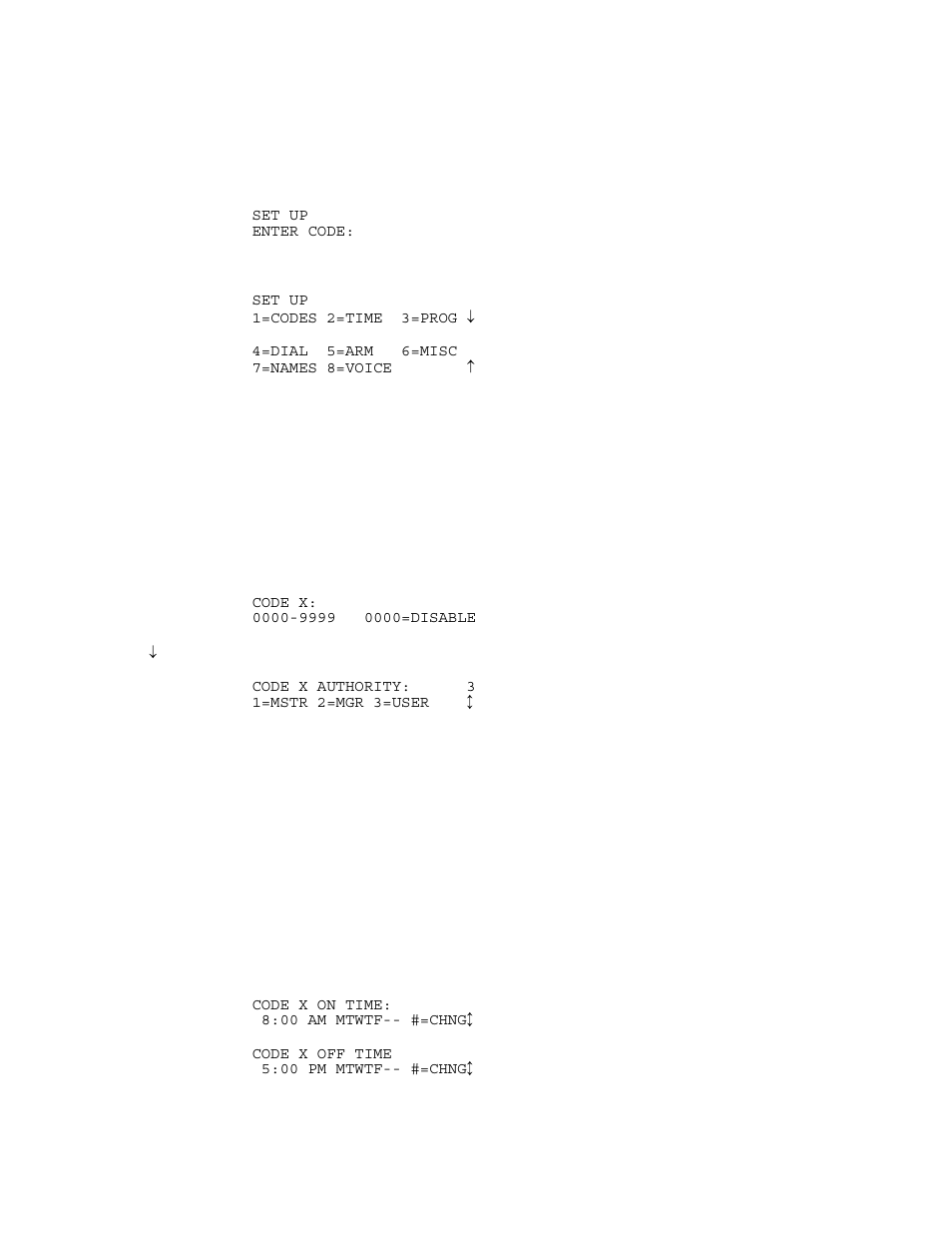 Setup, Set up codes, 1 = master | 2 = manager, 3 = user | Home Automation SECURITY SYSTEM User Manual | Page 49 / 82