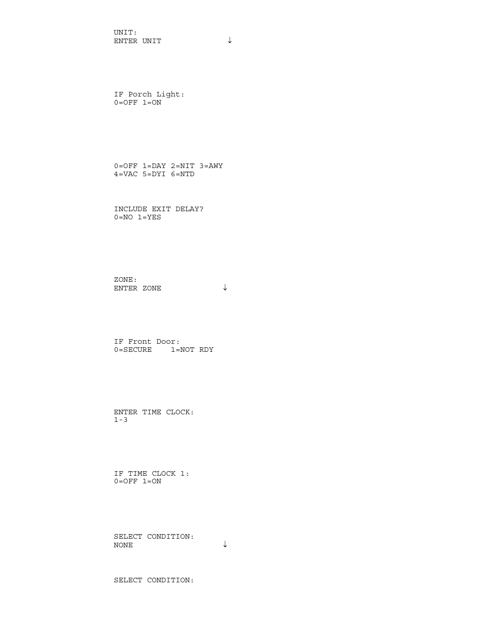 Program security mode conditions, Program zone conditions, Program time clock conditions | Program other conditions | Home Automation SECURITY SYSTEM User Manual | Page 62 / 82