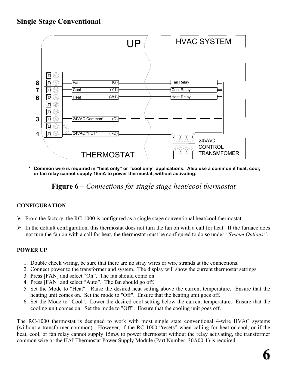 Hvac system thermostat, Single stage conventional | Home Automation RC-1000 User Manual | Page 6 / 20