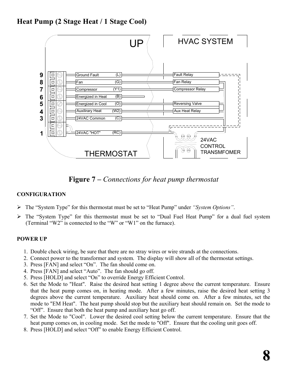 Thermostat, Hvac system, Heat pump (2 stage heat / 1 stage cool) | Figure 7 – connections for heat pump thermostat | Home Automation RC-1000 User Manual | Page 8 / 20