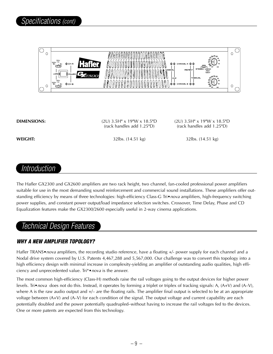 Introduction technical design features, Specifications, Cont) | Why a new amplifier topology | Hafler GX2600CE User Manual | Page 11 / 44